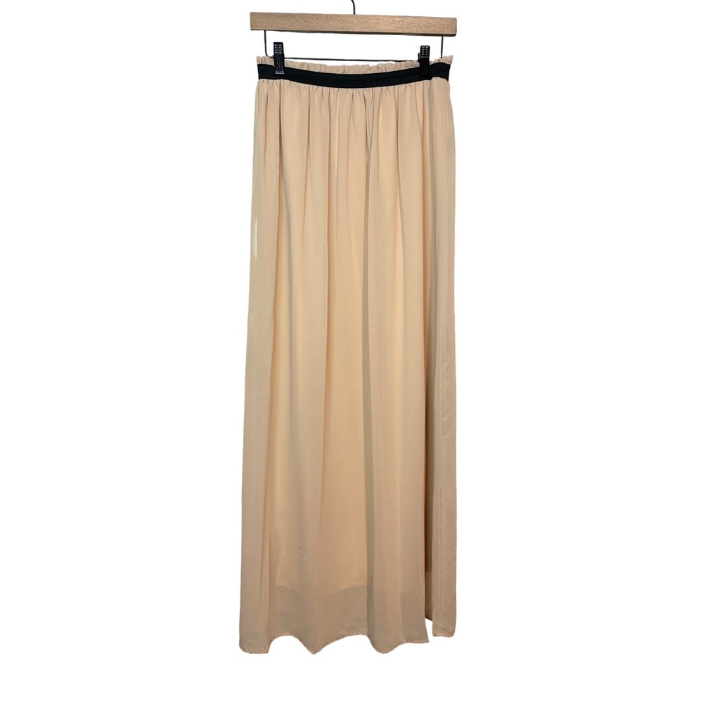Jun & Ivy Tan Chiffon Maxi Skirt Womens Small Pleated Elastic Waist Lined USA